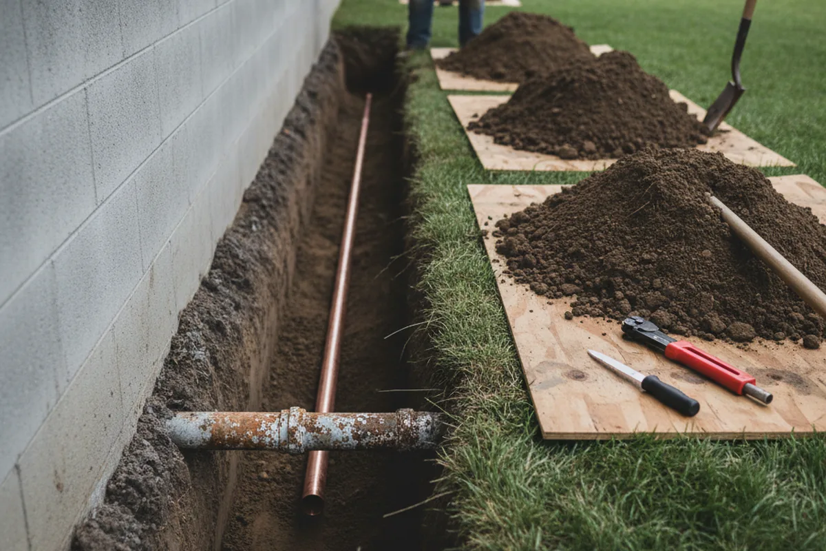 Excavated water line trench during Water Softener Installation in Gunnison